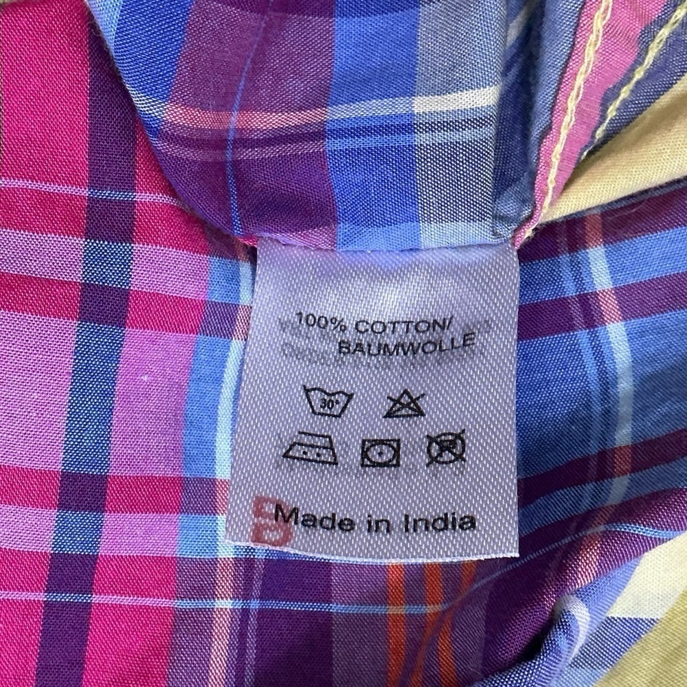 E B Company Vintage Button Down Collar Shirt Madras Plaid Blue Green Men Medium - Picture 9 of 16